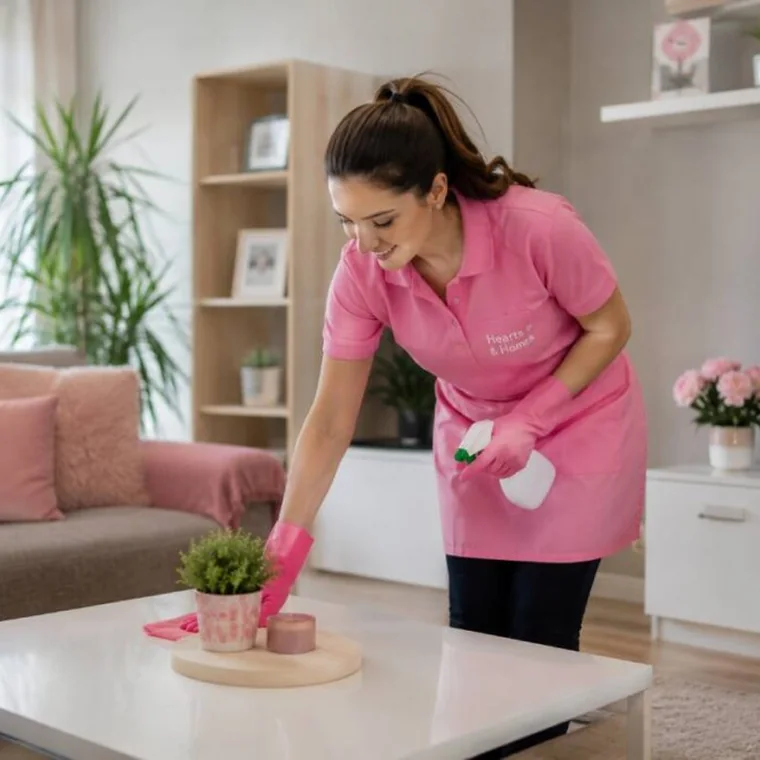 Professional housekeeper cleaning a living room
