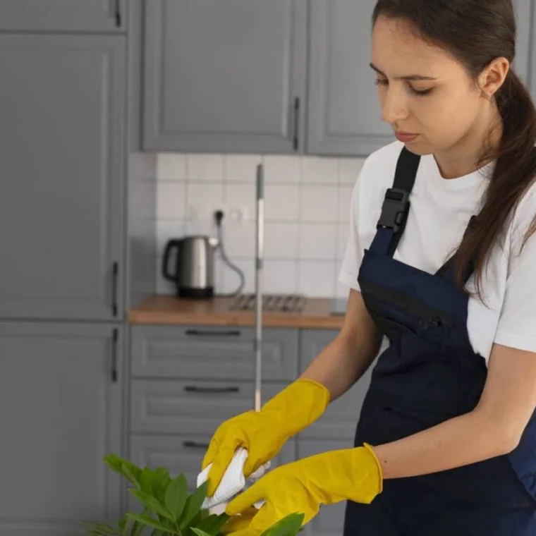Professional maid cleaning a modern kitchen