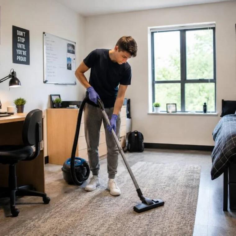 Student cleaning a bedroom and study area